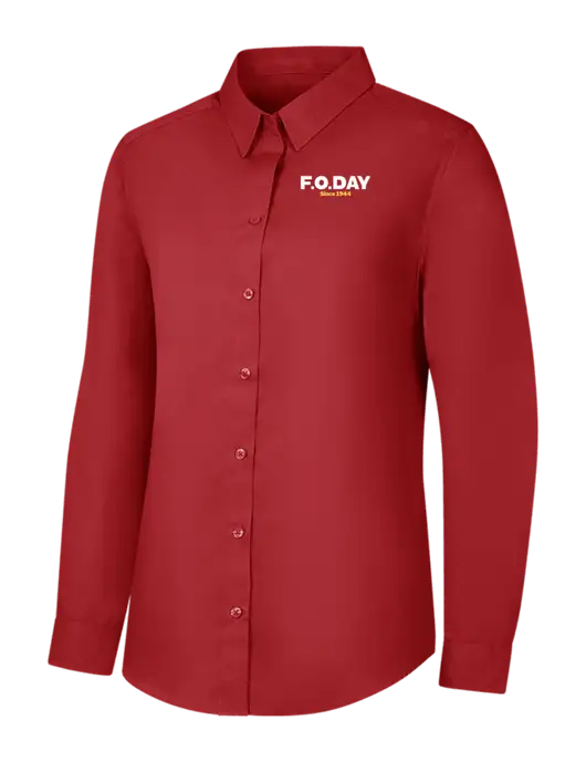 Womens Rich Red  Long Sleeve Carefree Poplin Shirt w/F.O.Day Logo