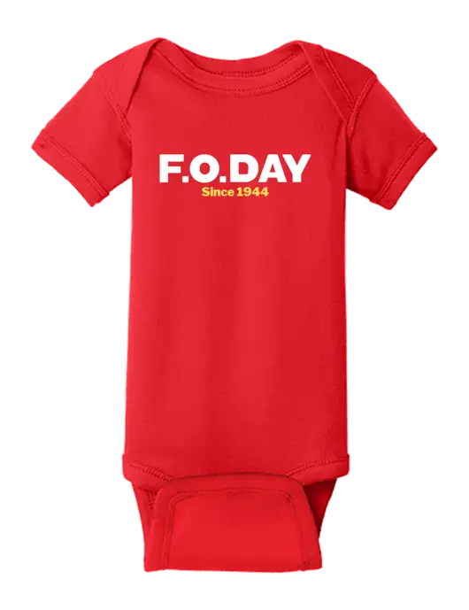 Rabbit Skins Red Infant Short Sleeve Baby Rib Bodysuit w/F.O.Day Logo