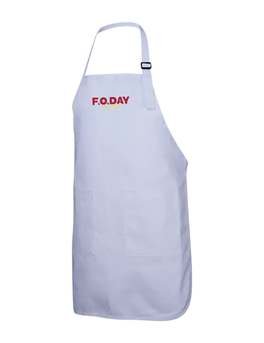 Full-Length White Apron With Pockets w/F.O.Day Logo