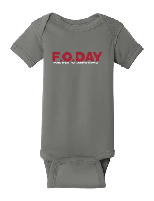 Rabbit Skins Charcoal Infant Short Sleeve Baby Rib Bodysuit w/F.O.Day 80 Years Logo