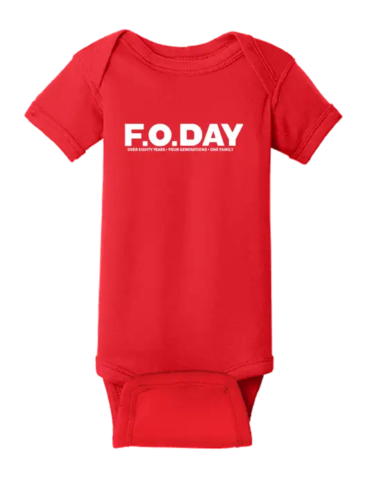 Rabbit Skins Red Infant Short Sleeve Baby Rib Bodysuit w/F.O.Day 80 Years Logo