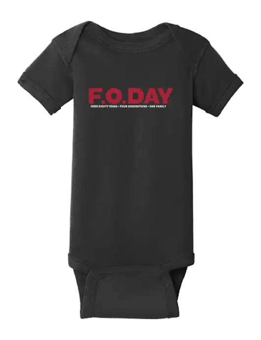 Rabbit Skins Black Infant Short Sleeve Baby Rib Bodysuit w/F.O.Day 80 Years Logo