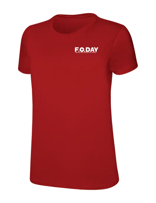 Womens Ring Spun Bright Red 4.5 oz T-Shirt w/F.O.Day 80 Years Logo