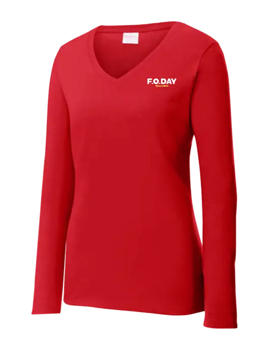Womens  V-Neck Ring Spun Bright Red 4.5 oz Long Sleeve T-Shirt w/F.O.Day Logo
