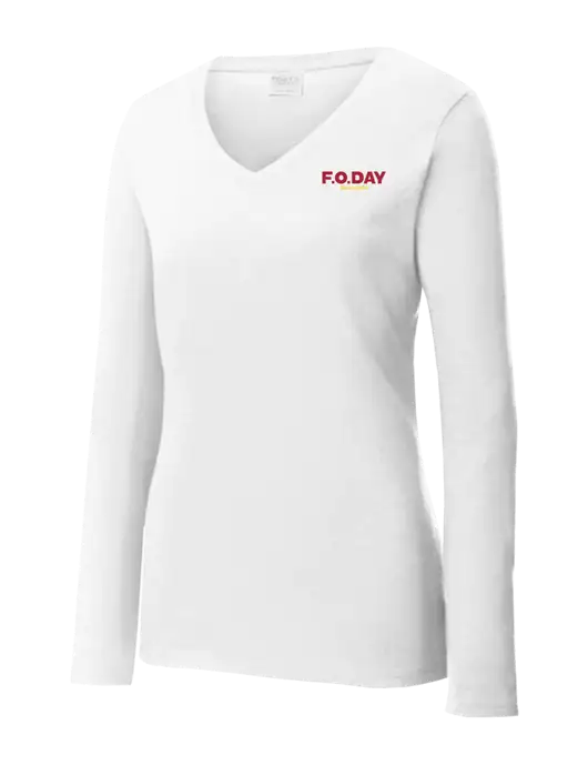 Womens  V-Neck Ring Spun White 4.5 oz Long Sleeve T-Shirt w/F.O.Day Logo