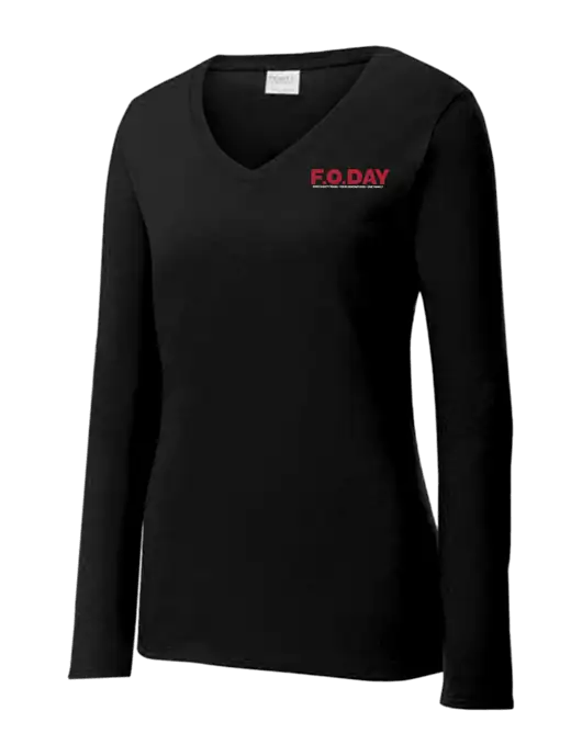 Womens V-Neck Ring Spun Jet Black 4.5 oz Long Sleeve T-Shirt w/F.O.Day 80 Years Logo