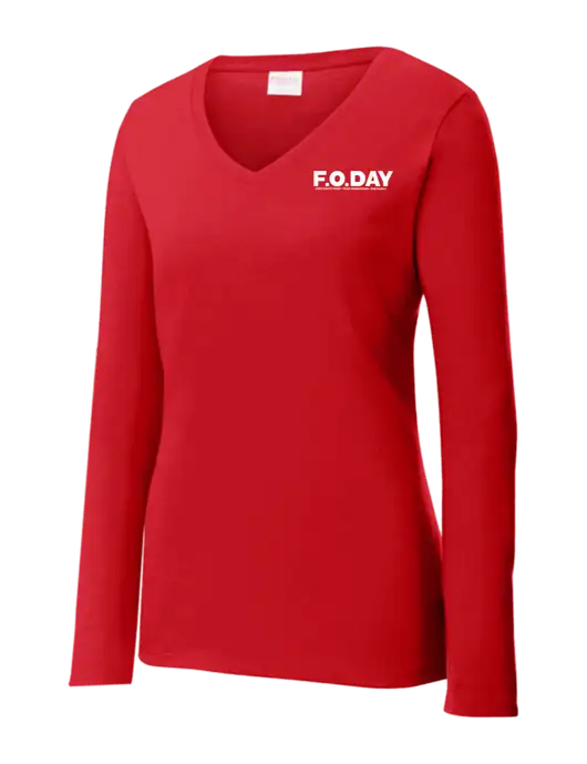 Womens  V-Neck Ring Spun Bright Red 4.5 oz Long Sleeve T-Shirt w/F.O.Day 80 Years Logo