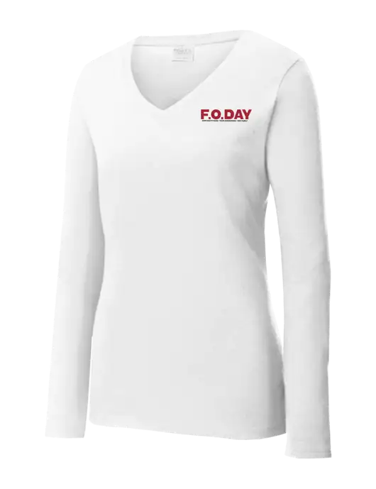 Womens  V-Neck Ring Spun White 4.5 oz Long Sleeve T-Shirt w/F.O.Day 80 Years Logo