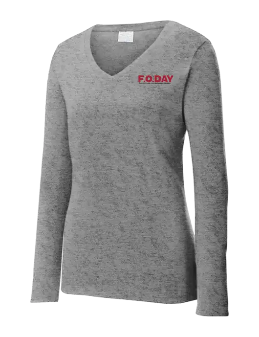 Womens  V-Neck Ring Spun Grey Heather 4.5 oz Long Sleeve T-Shirt w/F.O.Day 80 Years Logo