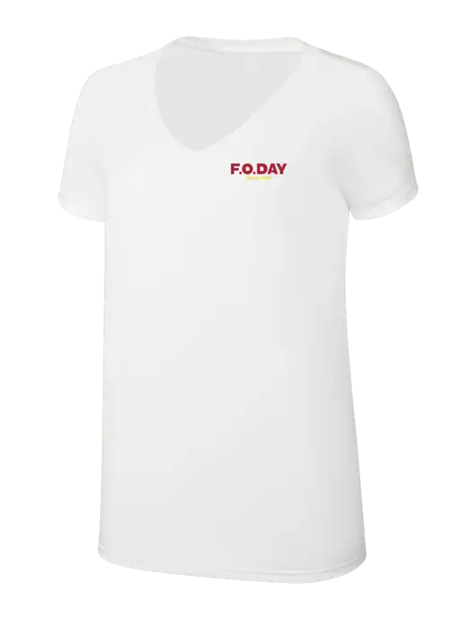 Womens Simply Soft V-Neck White 4.5oz  Poly/Combed Ring Spun Cotton T-Shirt w/F.O.Day Logo