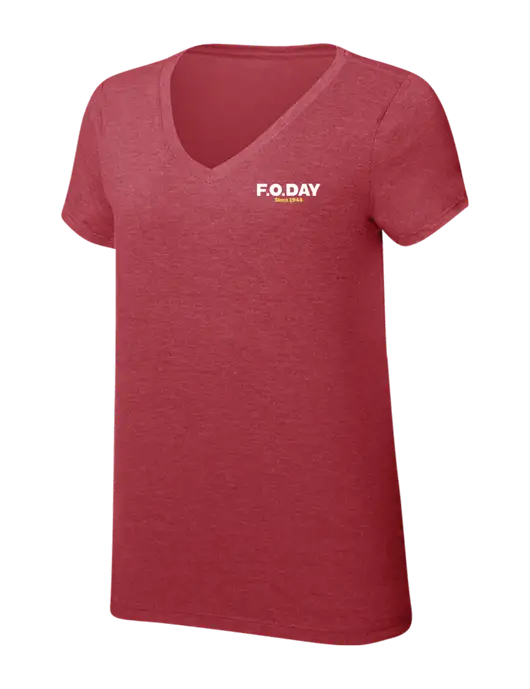 Womens Simply Soft V-Neck Red Frost 4.5oz  Poly/Combed Ring Spun Cotton T-Shirt w/F.O.Day Logo
