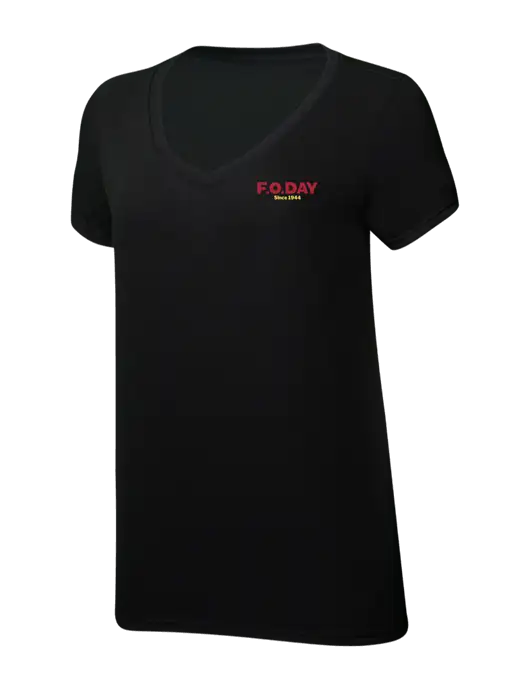 Womens Simply Soft V-Neck Black 4.5oz  Poly/Combed Ring Spun Cotton T-Shirt w/F.O.Day Logo