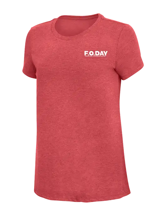 Womens Simply Soft Red Frost 4.5oz Poly/Combed Ring Spun Cotton T-Shirt w/F.O.Day 80 Years Logo