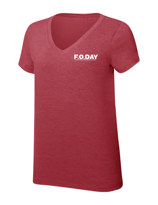 Womens Simply Soft V-Neck Red Frost 4.5oz  Poly/Combed Ring Spun Cotton T-Shirt w/F.O.Day 80 Years Logo