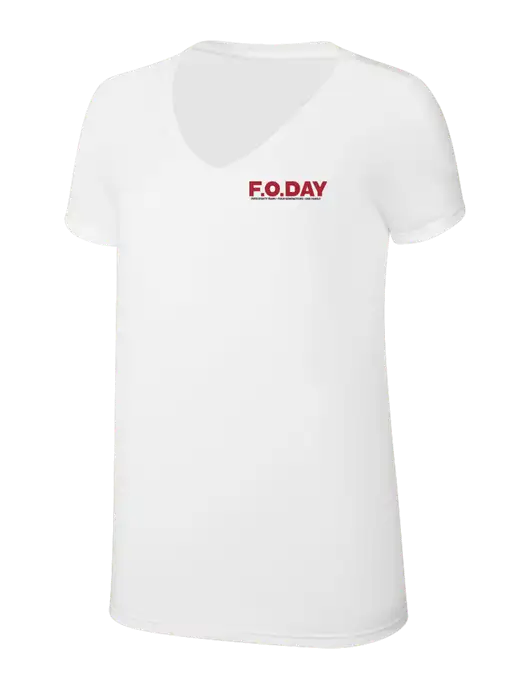 Womens Simply Soft V-Neck White 4.5oz  Poly/Combed Ring Spun Cotton T-Shirt w/F.O.Day 80 Years Logo