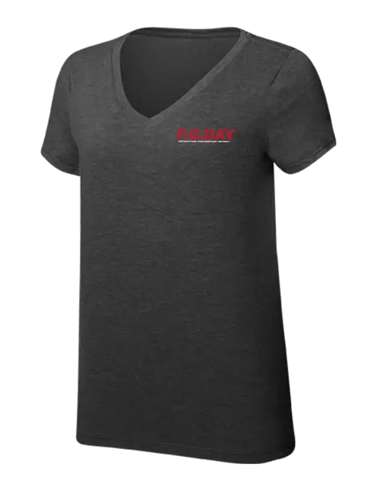 Womens Simply Soft V-Neck Black Frost 4.5oz  Poly/Combed Ring Spun Cotton T-Shirt w/F.O.Day 80 Years Logo