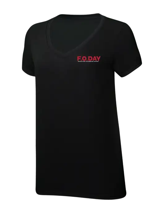 Womens Simply Soft V-Neck Black 4.5oz  Poly/Combed Ring Spun Cotton T-Shirt w/F.O.Day 80 Years Logo