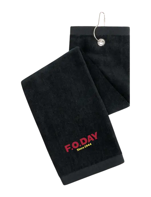 Black Tri-Fold Golf Towel with Grommet w/F.O.Day Logo