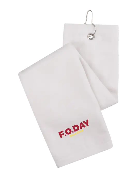 White Tri-Fold Golf Towel with Grommet w/F.O.Day Logo