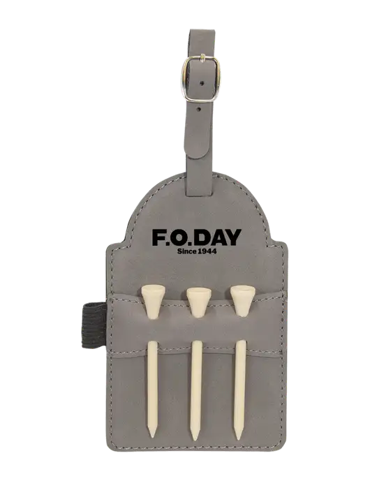Grey Leatherette Golf Bag Tag with 3 Wooden Tees w/F.O.Day Logo