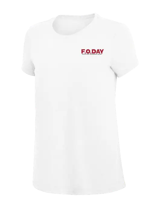 Womens Simply Soft White 4.5oz Poly/Combed Ring Spun Cotton T-Shirt
 w/F.O.Day 80 Years Logo