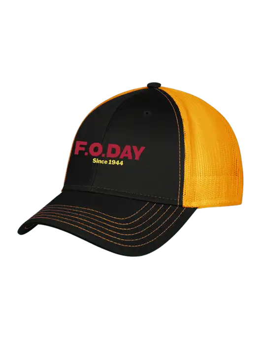 Black/Black/Gold Mesh Gold Stitching on Bill Trucker Cap Snap Back

 w/F.O.Day Logo