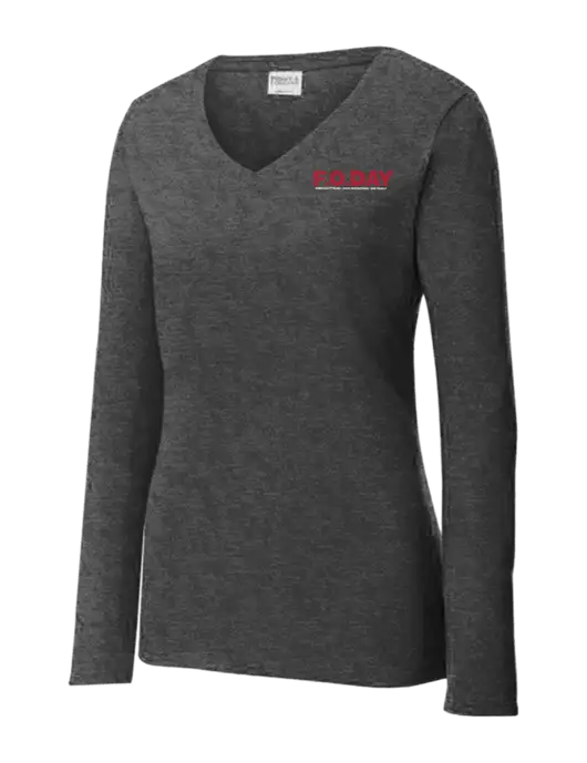 Womens  V-Neck Ring Spun Dark Heather Grey 4.5 oz Long Sleeve T-Shirt w/F.O.Day 80 Years Logo