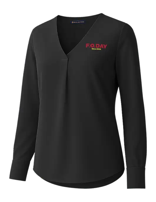 Brooks Brothers Womens Black Open-Neck Satin Blouse  w/F.O.Day Logo