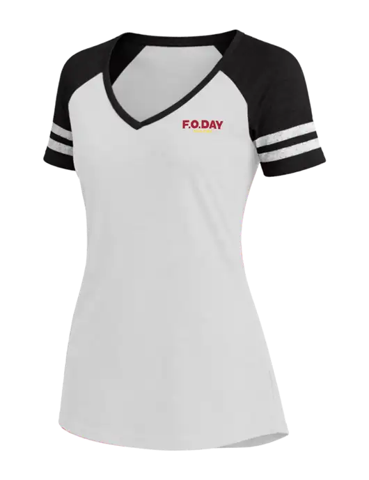 Womens White/Black V-Neck Game Tee w/F.O.Day Logo