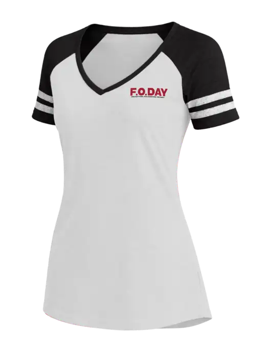 Womens White/Black V-Neck Game Tee w/F.O.Day 80 Years Logo