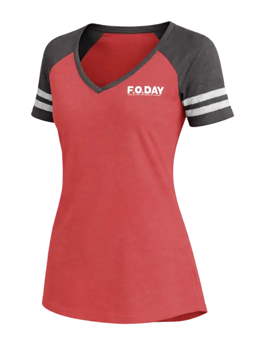Womens Red Heather/Charcoal Heather V-Neck Game Tee w/F.O.Day 80 Years Logo
