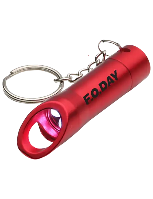 Red Pocket LED Flashlight with Bottle Opener & Keychain w/F.O.Day Logo