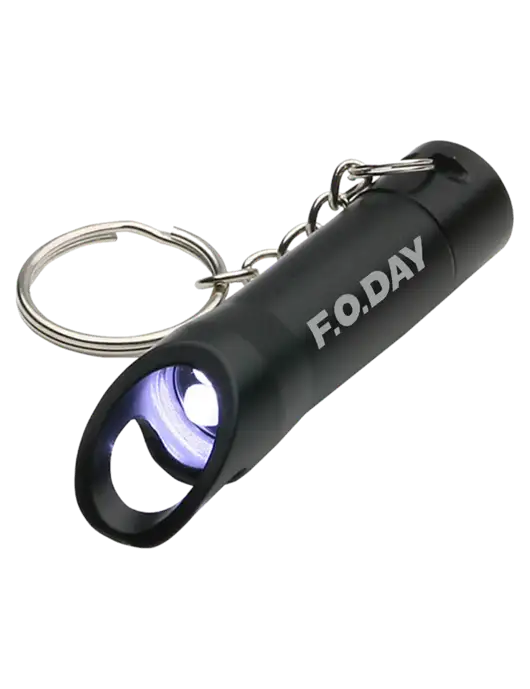 Black Pocket LED Flashlight with Bottle Opener & Keychain w/F.O.Day Logo
