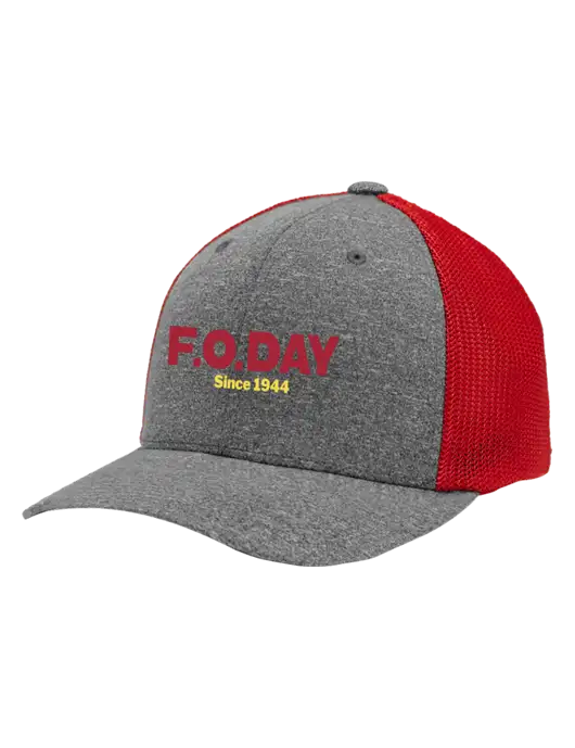 Flexfit Red/Medium Grey Heather Melange Mesh Back Trucker Cap w/F.O.Day Logo