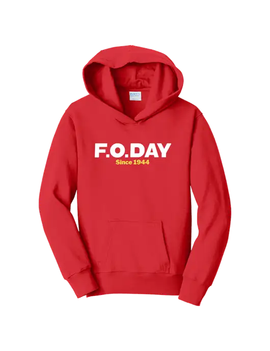Youth Bright Red 8.5 oz Ring Spun Pullover Hooded Sweatshirt w/F.O.Day Logo