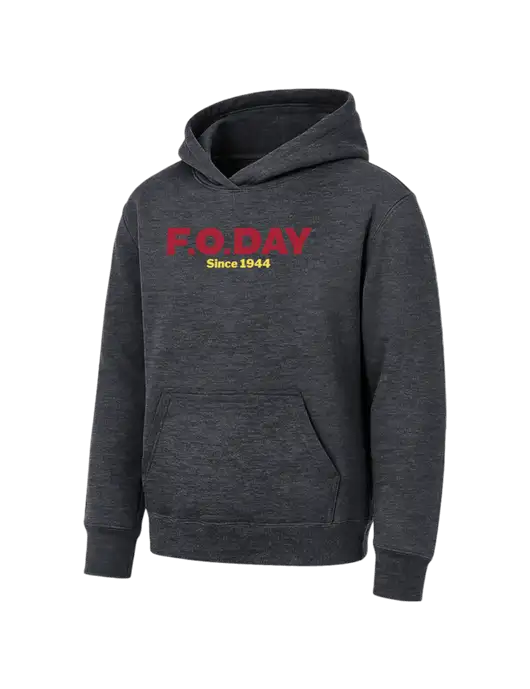 Youth Dark Heather Grey 7.8 oz Pullover Hooded Sweatshirt w/F.O.Day Logo