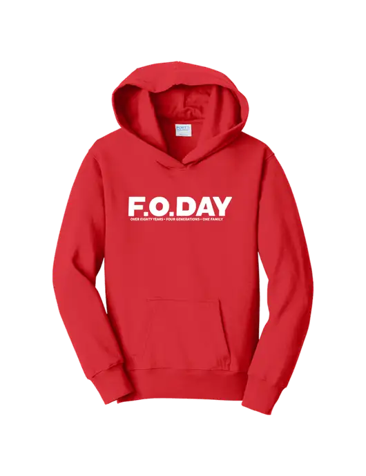 Youth Bright Red 8.5 oz Ring Spun Pullover Hooded Sweatshirt w/F.O.Day 80 Years Logo