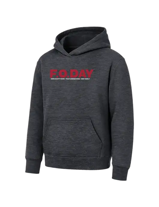 Youth Dark Heather Grey 7.8 oz Pullover Hooded Sweatshirt w/F.O.Day 80 Years Logo