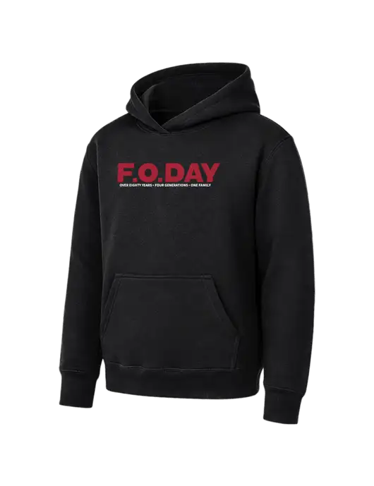Youth Black 7.8 oz Pullover Hooded Sweatshirt w/F.O.Day 80 Years Logo