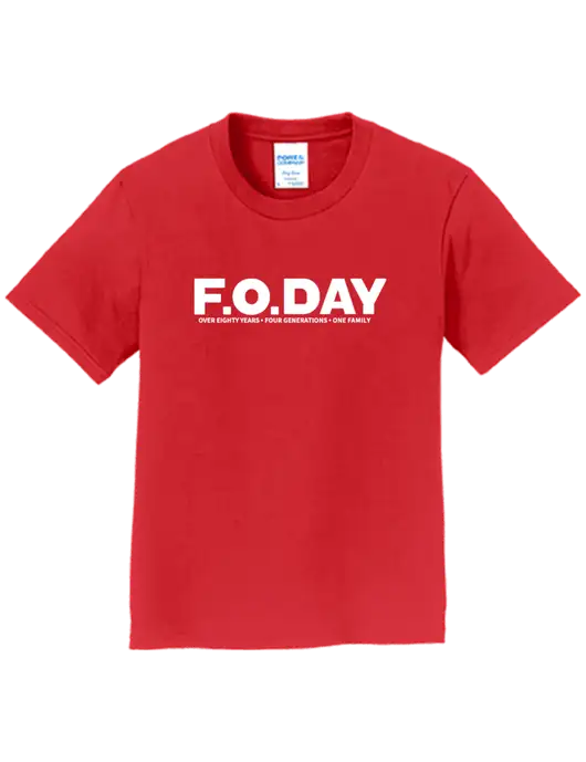 Youth Ring Spun Bright Red 4.5 oz T-Shirt w/F.O.Day 80 Years Logo