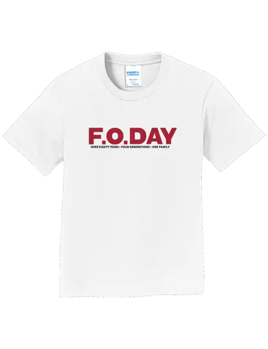 Youth Ring Spun White 4.5 oz T-Shirt w/F.O.Day 80 Years Logo